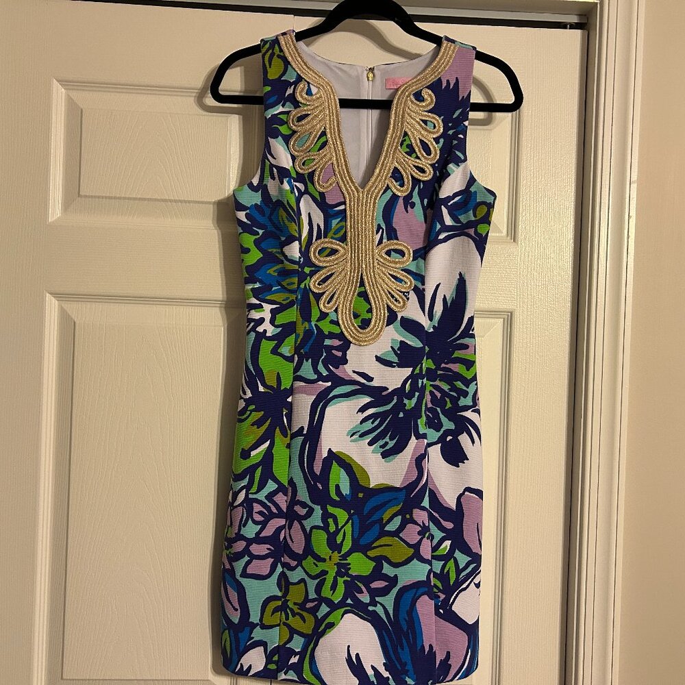LILLY PULITZER Janice Sz S Multi-Color Floral with Gold Metallic Embroider Dress